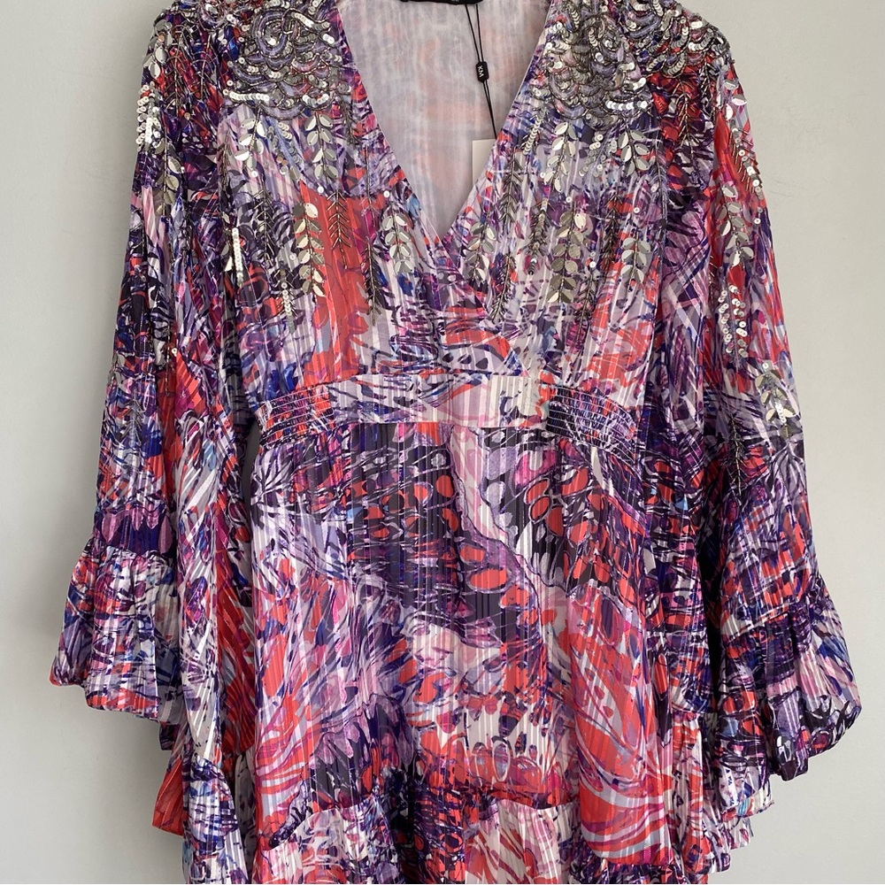 NEW Karen Millen Beaded Embellished Drama Kimono Woven Dress Size 10 Pink Purple - Picture 8 of 15